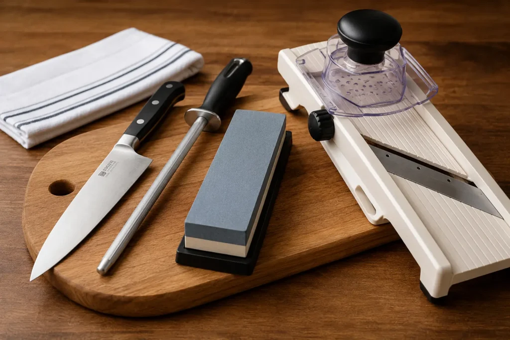 Taillage des légumes : couteau de chef, fusil, pierre à aiguiser et mandoline sur une planche de cuisine
