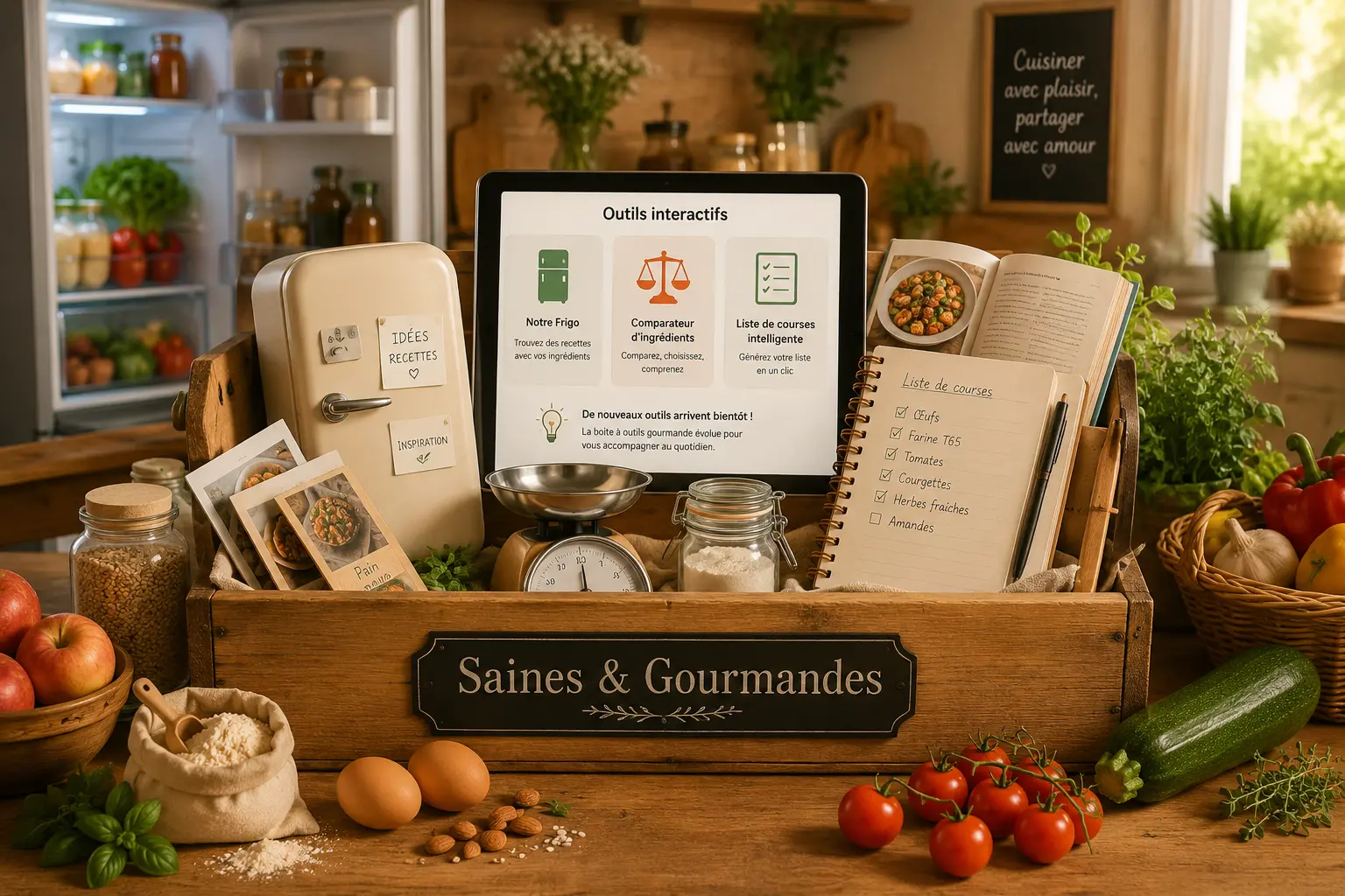 Outils interactifs Saines & Gourmandes : Notre Frigo, comparateur d’ingrédients et liste de courses intelligente présentés dans une cuisine conviviale.