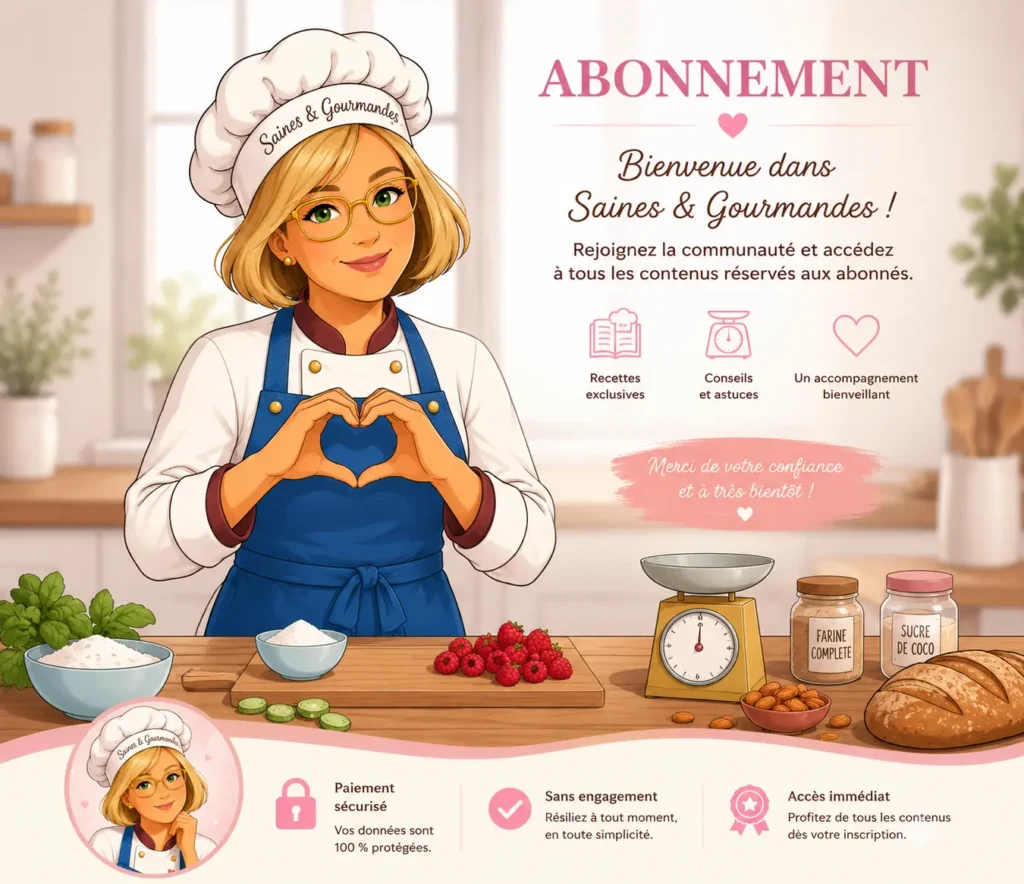 Choisir mon abonnement Saines & Gourmandes : illustration de bienvenue présentant l'accès aux recettes exclusives, conseils culinaires, pesées précises et contenus réservés aux abonnés.