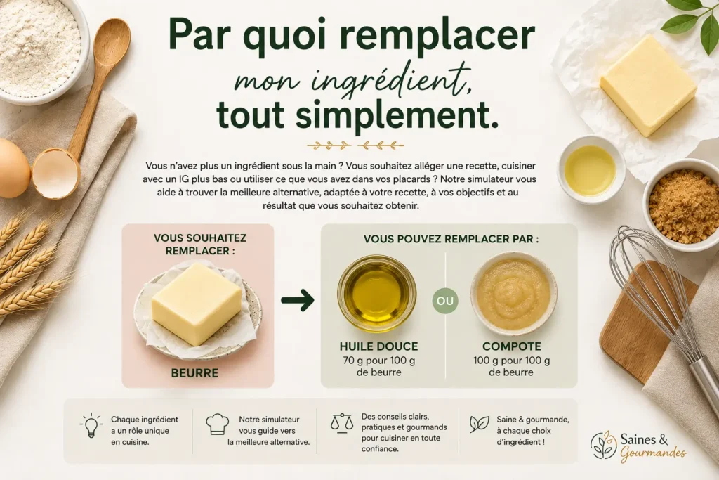 Par quoi remplacer un ingrédient : Illustration du simulateur de remplacement d’ingrédients Saines & Gourmandes présentant des alternatives au beurre, comme l’huile douce et la compote, pour cuisiner plus sainement.