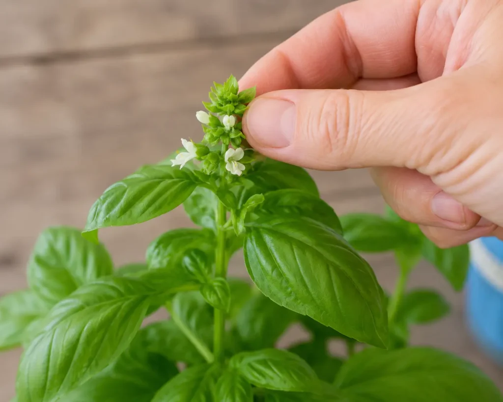 Multiplier un pied de basilic : pincer les premières fleurs pour favoriser la production de nouvelles feuilles et prolonger la récolte.