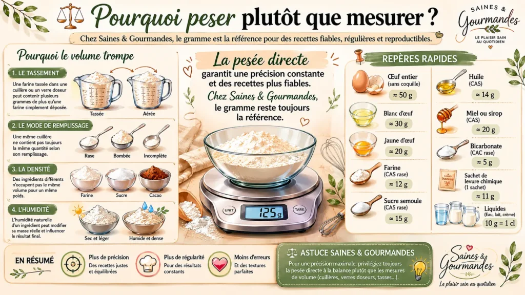 Infographie Saines & Gourmandes expliquant pourquoi peser les ingrédients plutôt que mesurer en volume, avec les notions de tassement, densité, humidité et principales équivalences culinaires en grammes.