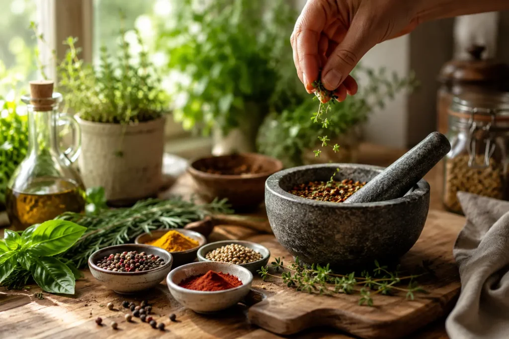 Contruire le goût : Herbes fraîches et épices préparées sur une planche en bois avant la construction des saveurs en cuisine.