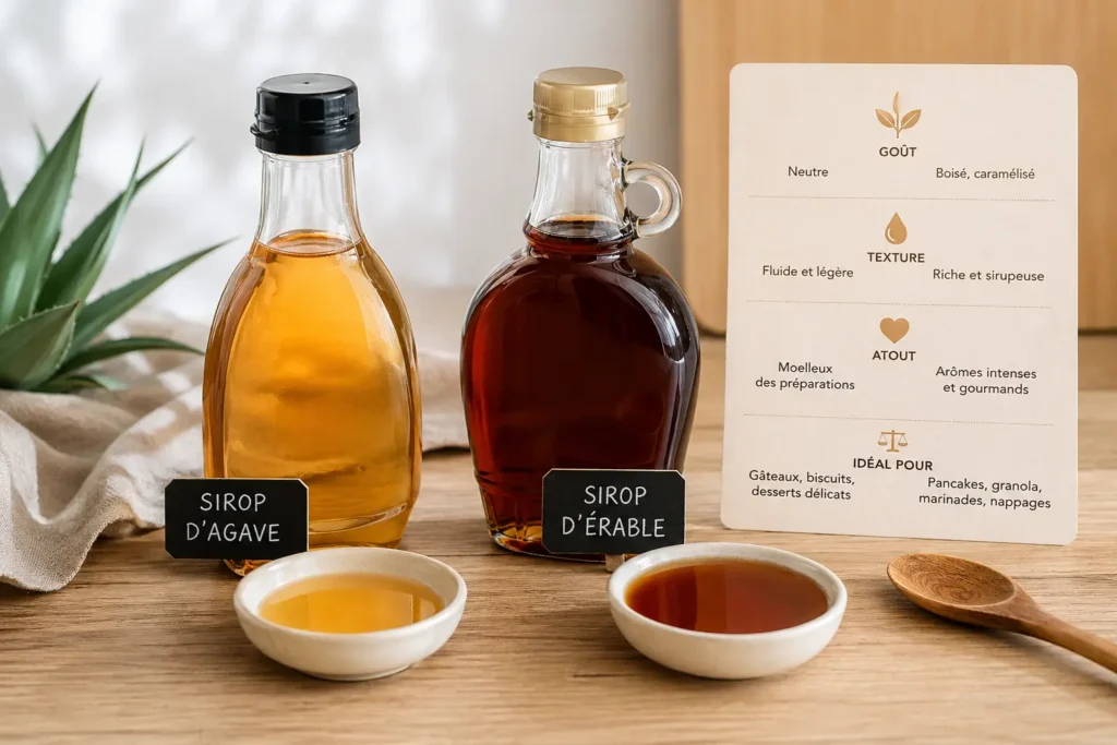 Sirop d'agave et sirop d'érable présentés côte à côte pour comparer leurs usages en cuisine
