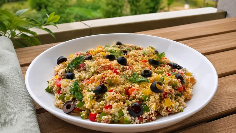 Taboulé à l’orge mondée aux poivrons colorés, olives noires, menthe fraîche et sésame torréfié servi en extérieur.