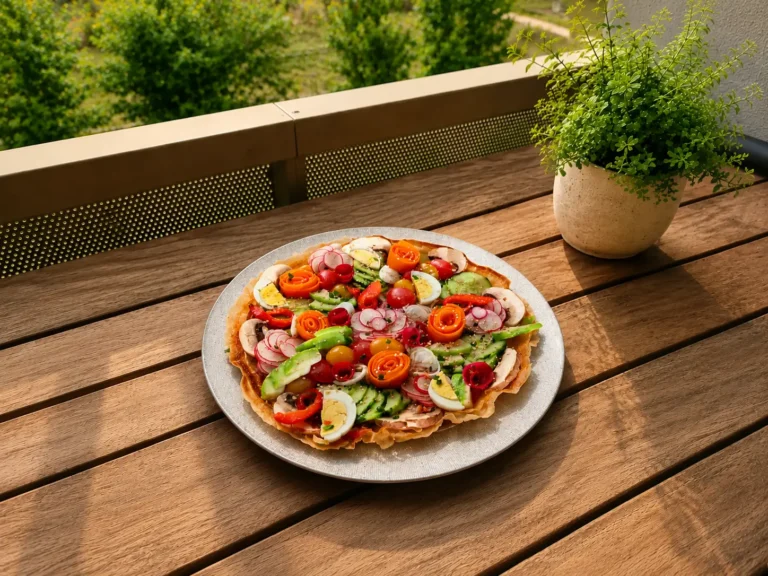 tarte filo aux crudités servie sur un balcon avec carottes roulées, avocat, radis, œufs durs, tomates cerises et plante verte