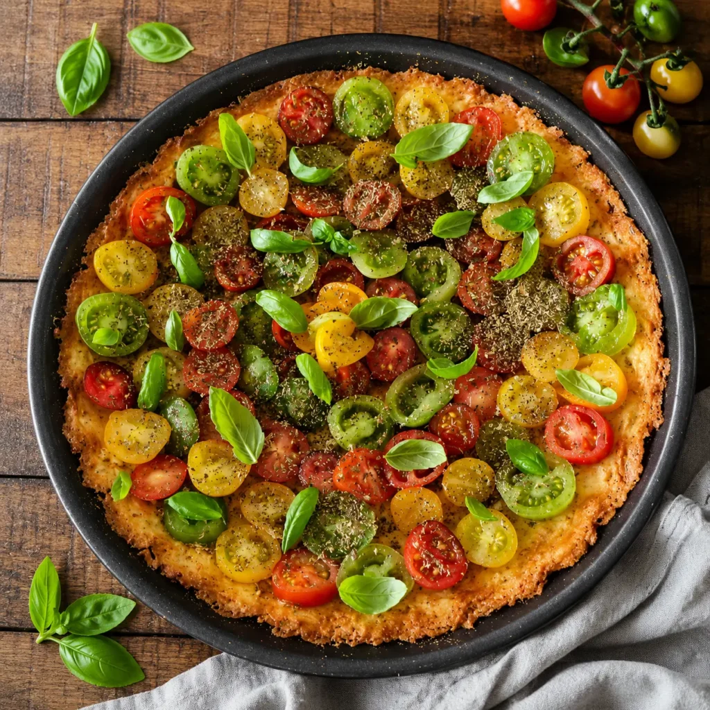 Tarte fine aux tomates cerises colorées, basilic frais et pâte dorée aux herbes