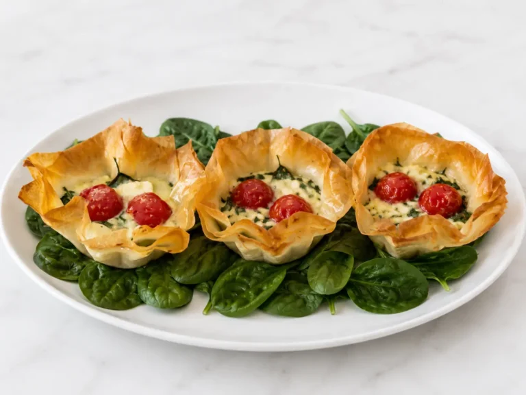 corolles filo, épinards et tomates servies par trois sur un lit de pousses d’épinards
