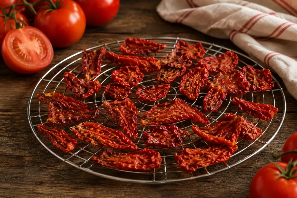 Tomate : peaux de tomates séchant à basse température sur une grille afin d'être transformées en poudre aromatique, chips ou sel de tomate.