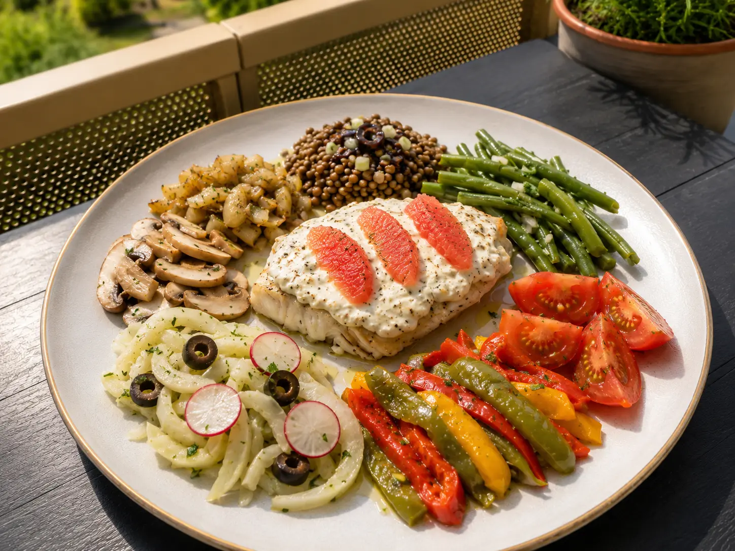 Assiette batch cooking avec poisson au skyr, lentilles, haricots verts, fenouil, poivrons grillés, champignons et tomates