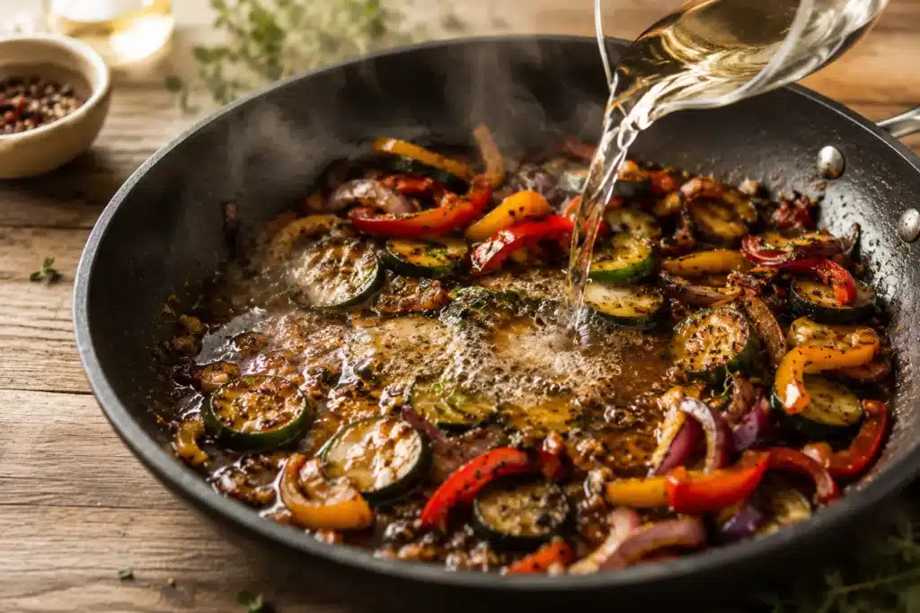 Réussir un plat en déglacant les sucs de cuisson dans une poêle chaude