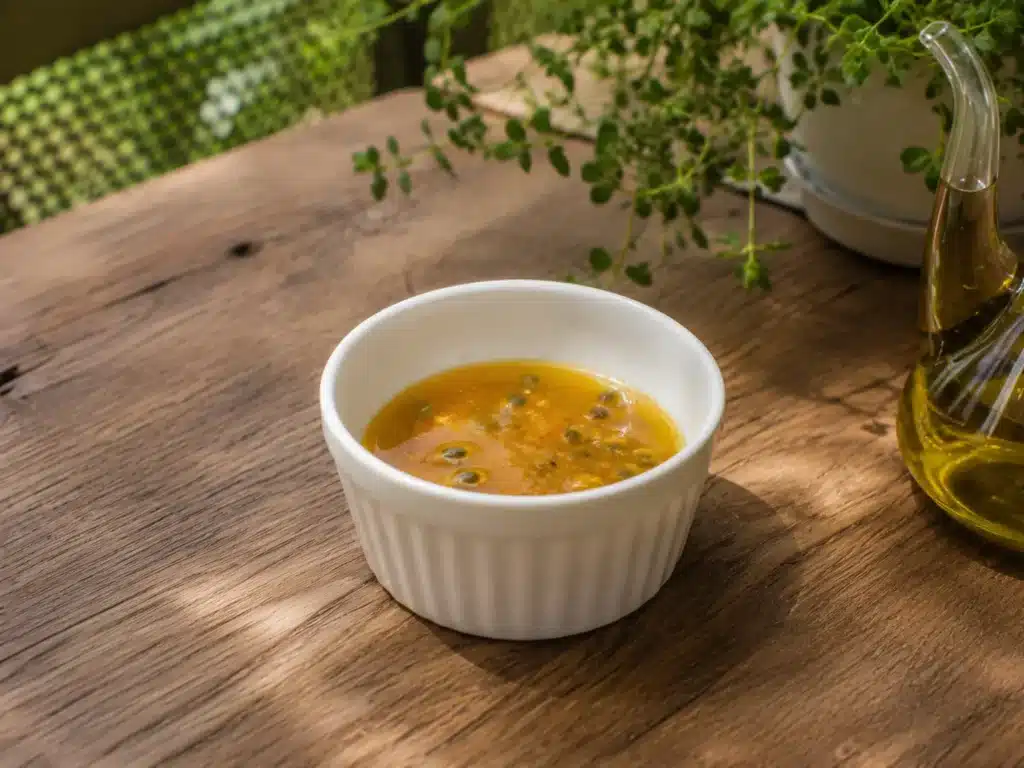 Vinaigrette passion gingembre dans un petit bol blanc sur une table de balcon