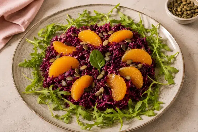 Vinaigrette asiatique pour salade de chou rouge au sésame et au gingembre dans un petit bol blanc