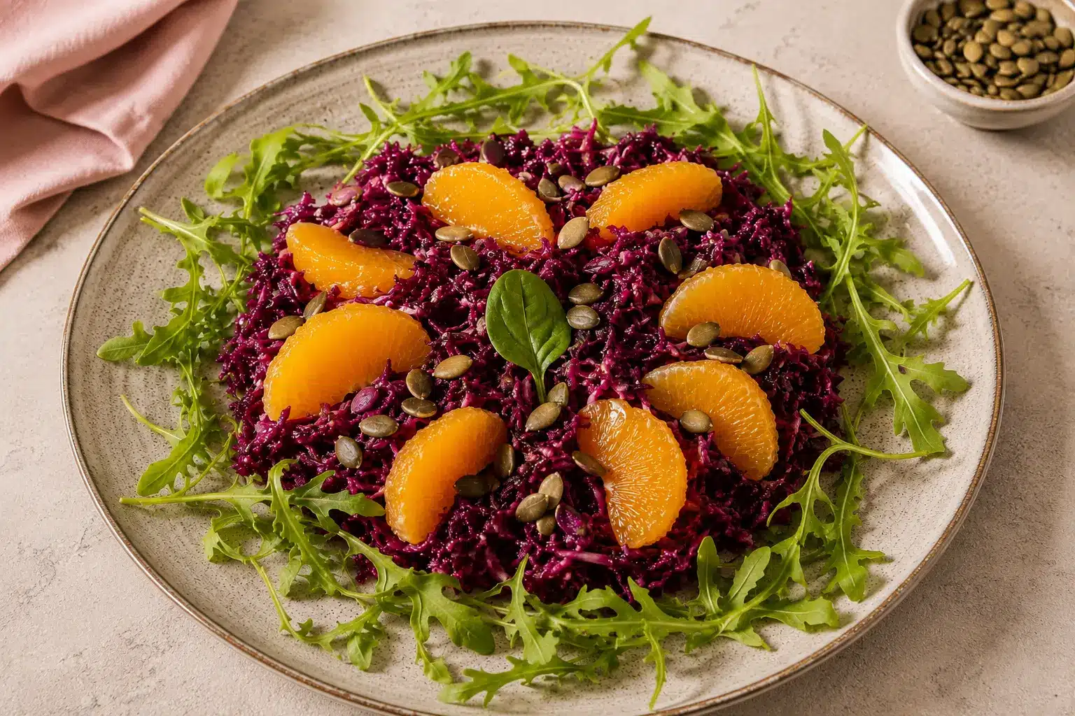 Vinaigrette asiatique pour salade de chou rouge au sésame et au gingembre dans un petit bol blanc