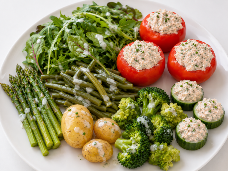 vinaigrette crémeuse et assiette fraîcheur aux légumes, pommes de terre et thon