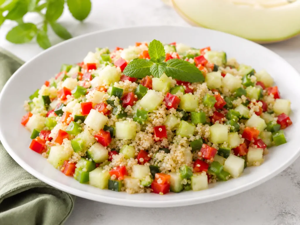 Vinaigrette au Saint-Agur servie avec une salade de quinoa croquante au concombre, poivron et petits cubes de pomme