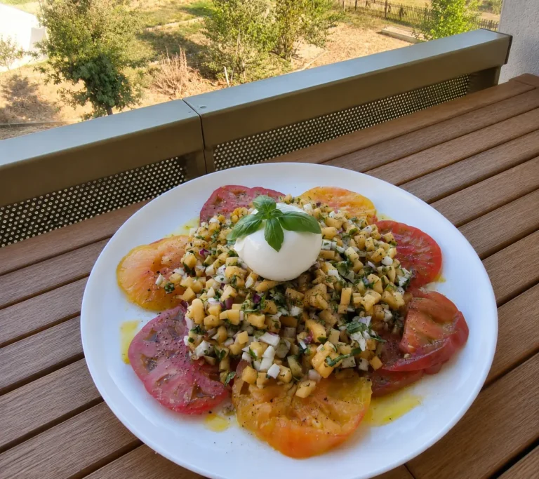carpaccio de tomates au melon, menthe et basilic servi avec burrata et herbes fraîches