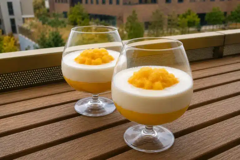 Duo crémeux mangue coco servi dans deux grandes verres, avec une couche de mangue mixée, une crème de coco lisse et des morceaux de mangue fraîche.