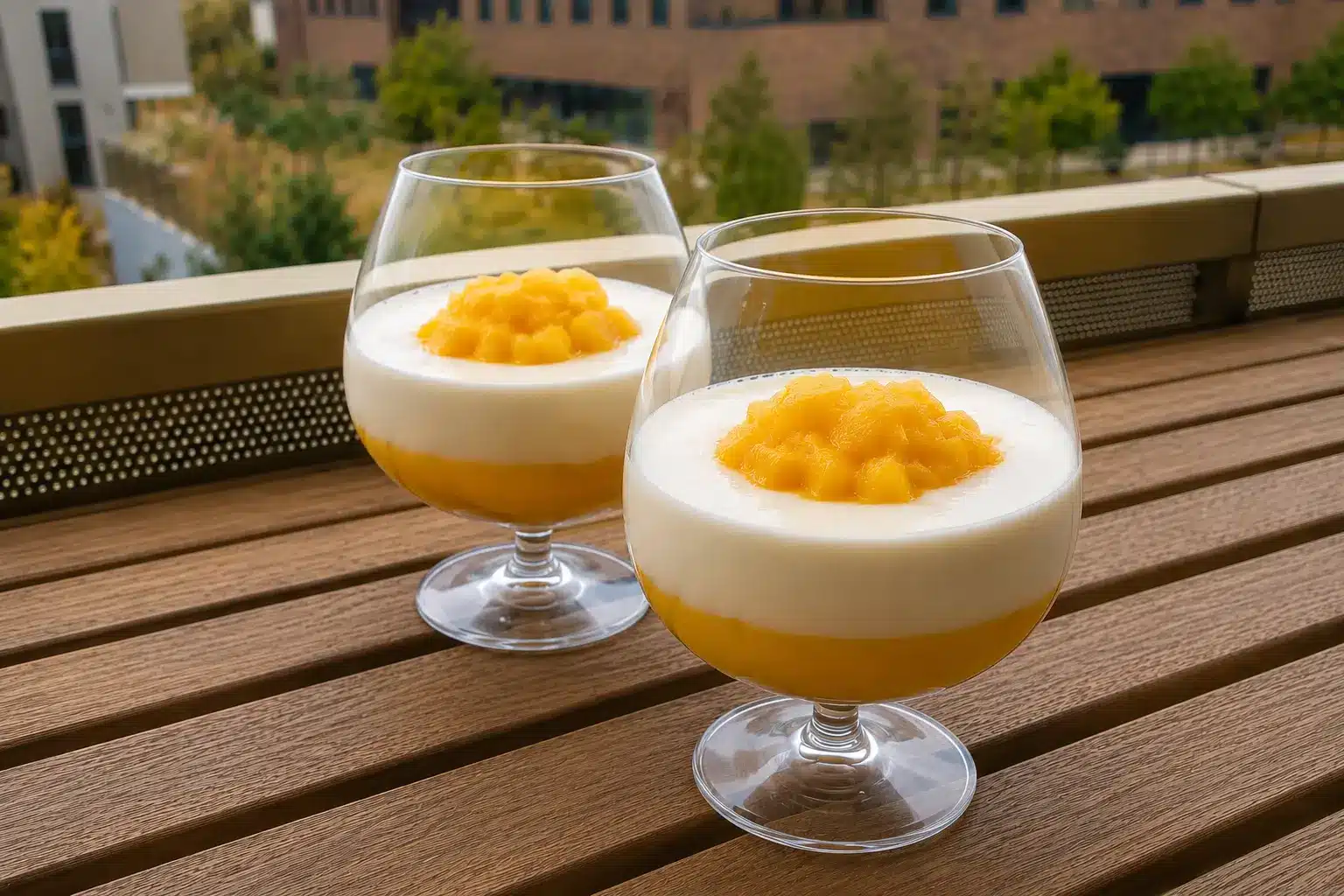 Duo crémeux mangue coco servi dans deux grandes verres, avec une couche de mangue mixée, une crème de coco lisse et des morceaux de mangue fraîche.