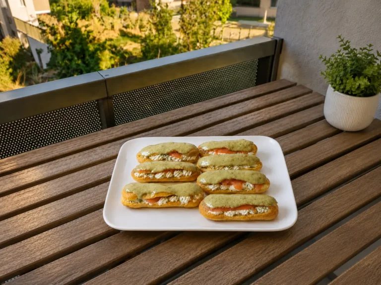 éclairs à la truite fumée et au wasabi garnis de skyr et servis sur un plat blanc