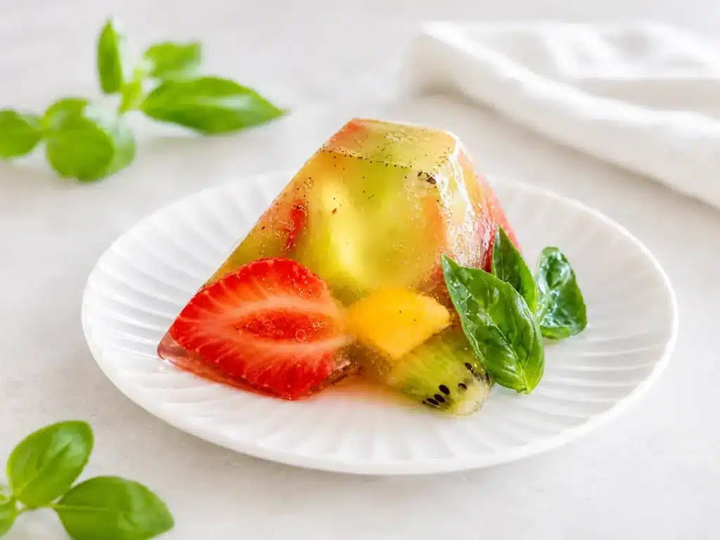 Pyramides de fruits emprisonnés dans une gelée cristalline à la vanille