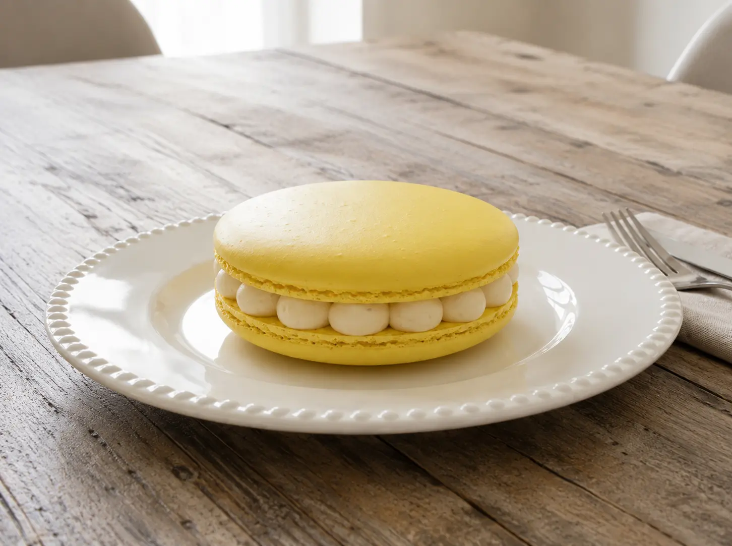 Macaron géant mangue, passion et ananas fini garni de crème diplomate, présenté sur une assiette blanche.