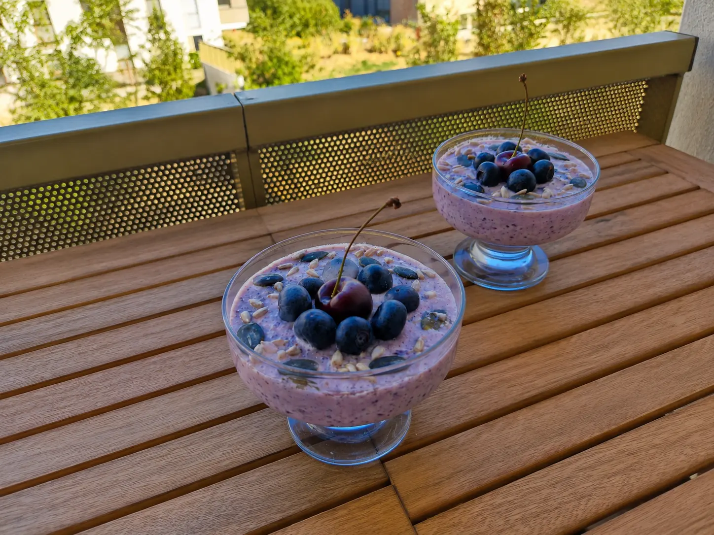 porridge de graines de chia aux myrtilles servi dans des coupes avec graines de courge et graines de tournesol
