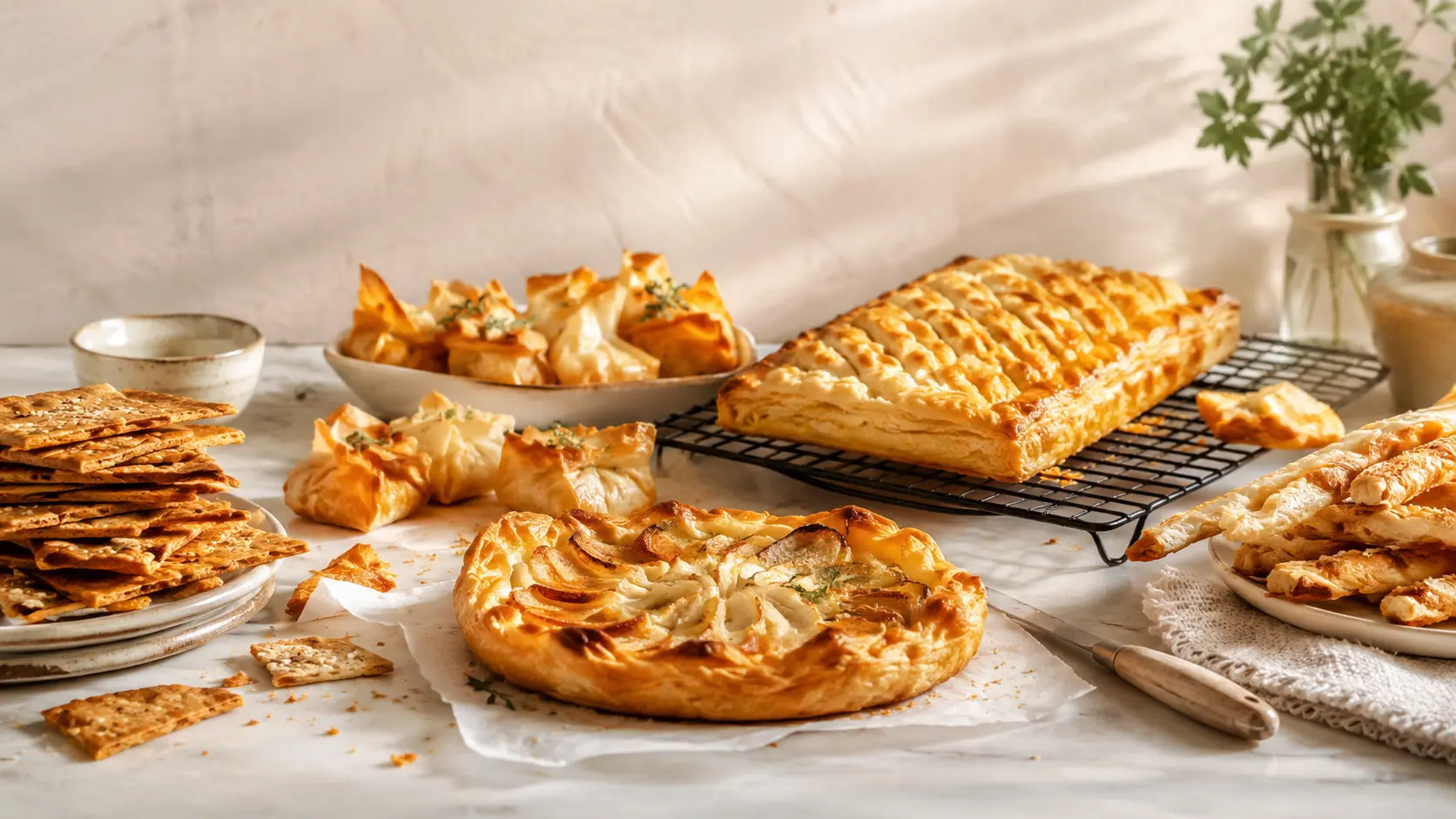 Préserver le croustillant en cuisine avec des feuilletés, crackers et bouchées dorées disposés sur une grille et un plan de travail.