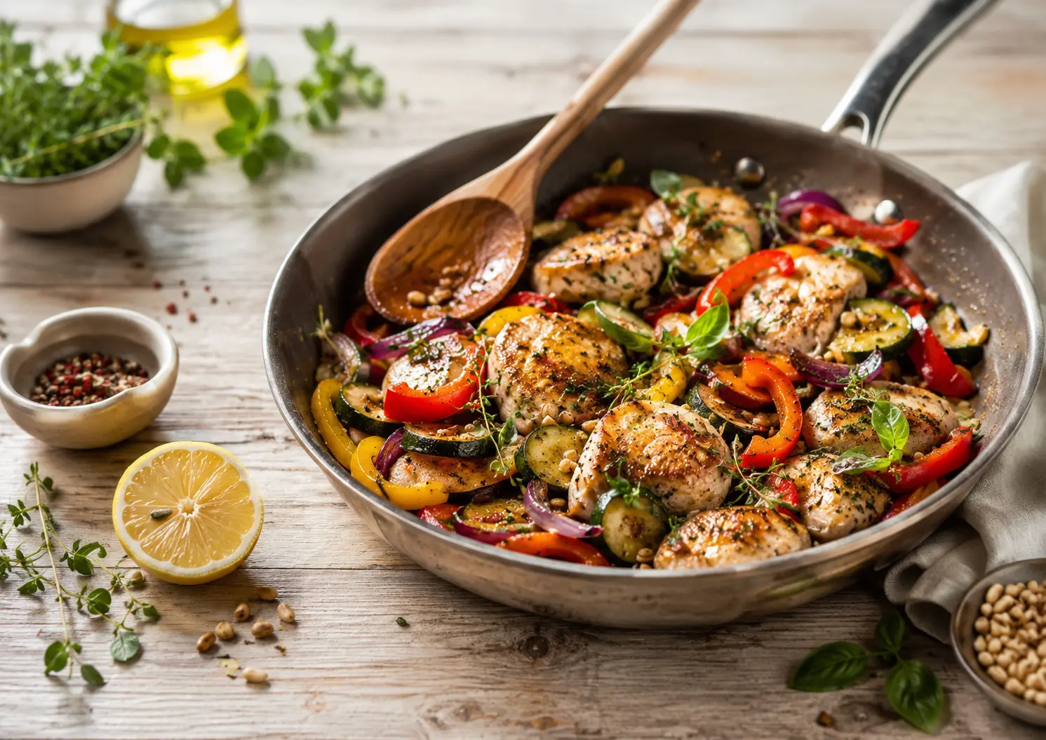 Réussir un plat avec une poêlée de légumes dorés, herbes fraîches, épices et citron