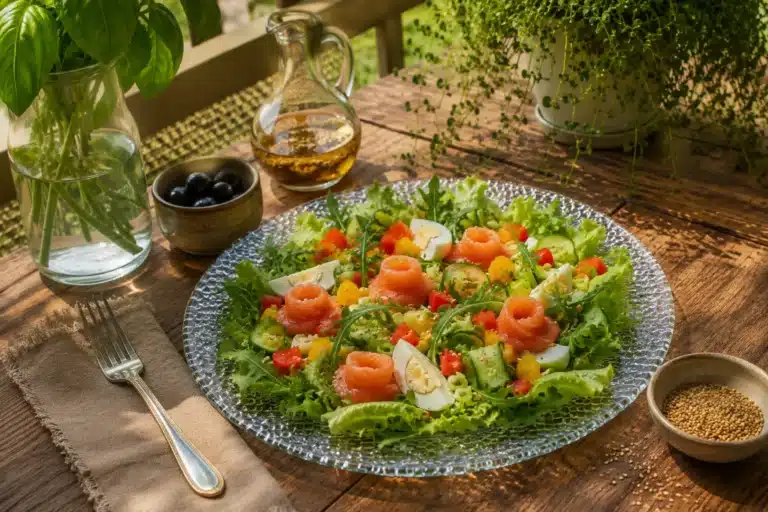 Vinaigrette à l’eau de tomate servie avec une assiette fraîcheur à la truite fumée, aux œufs, au concombre et aux poivrons.