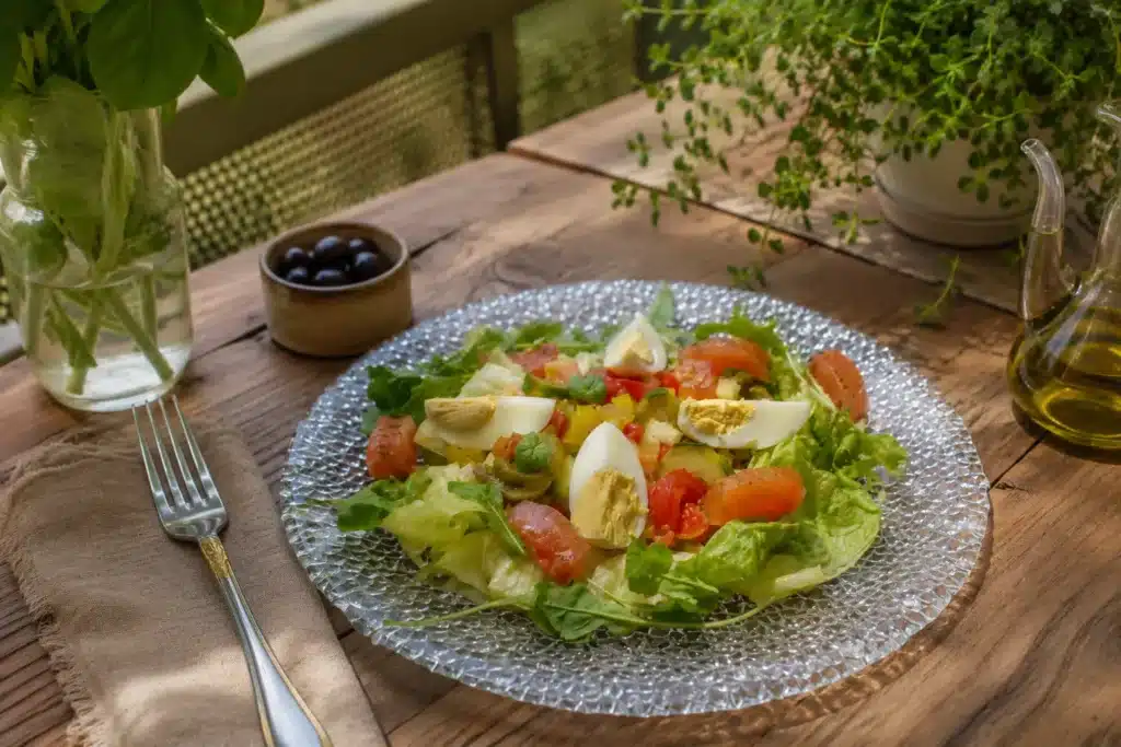 Vinaigrette à l’olive noire et salade composée sur le balcon avec des œufs durs, salade, tomate et poivrons verts et rouges
