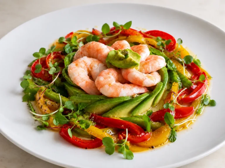 Vinaigrette passion gingembre pour un tourbillon de crevettes et avocat accompagné de poivrons jaunes et rouges et des jeunes pousses.