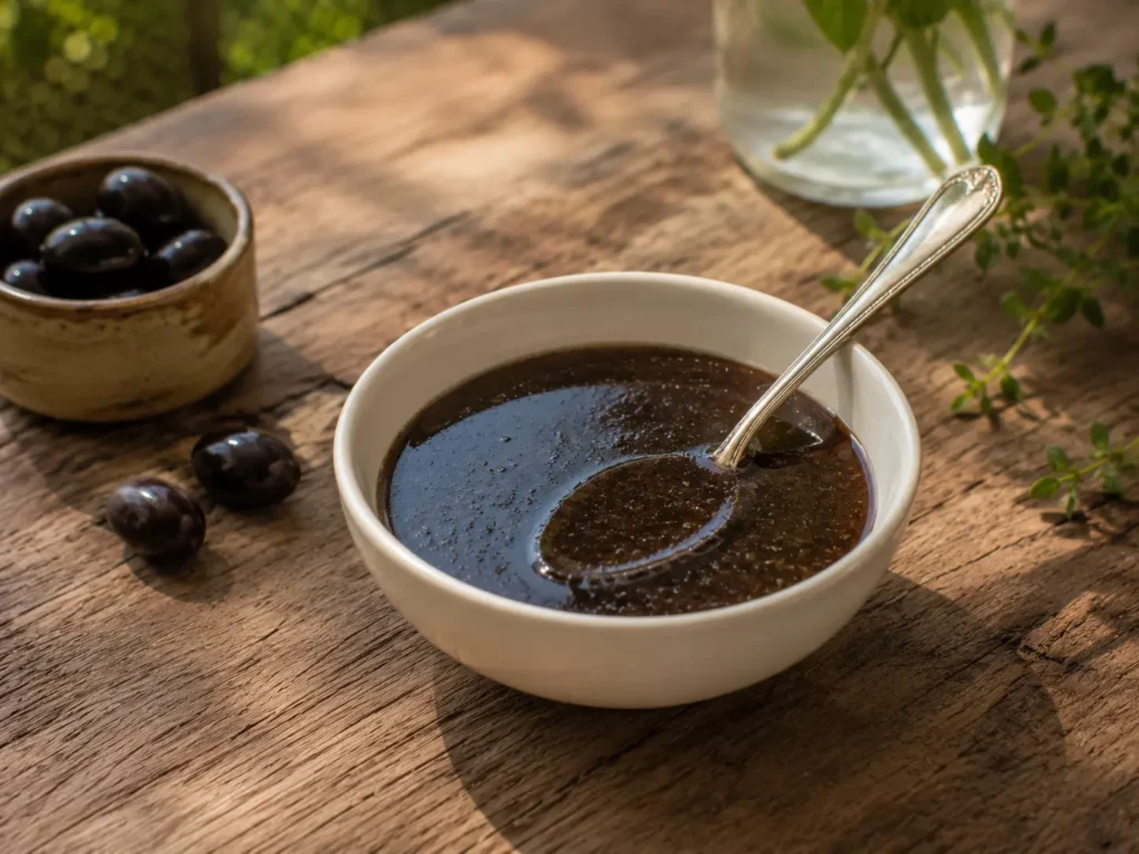 Vinaigrette à l’olive noire servie dans un petit bol blanc avec une cuillère