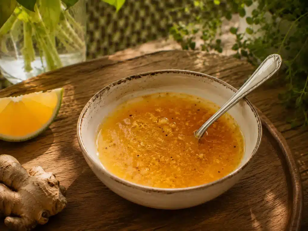 Vinaigrette aux agrumes et au gingembre dans un bol, avec de l’orange et du gingembre frais sur une table de balcon