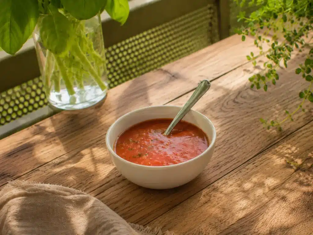 Vinaigrette aux tomates servie dans un bol blanc avec une cuillère, sur une table en bois au soleil.