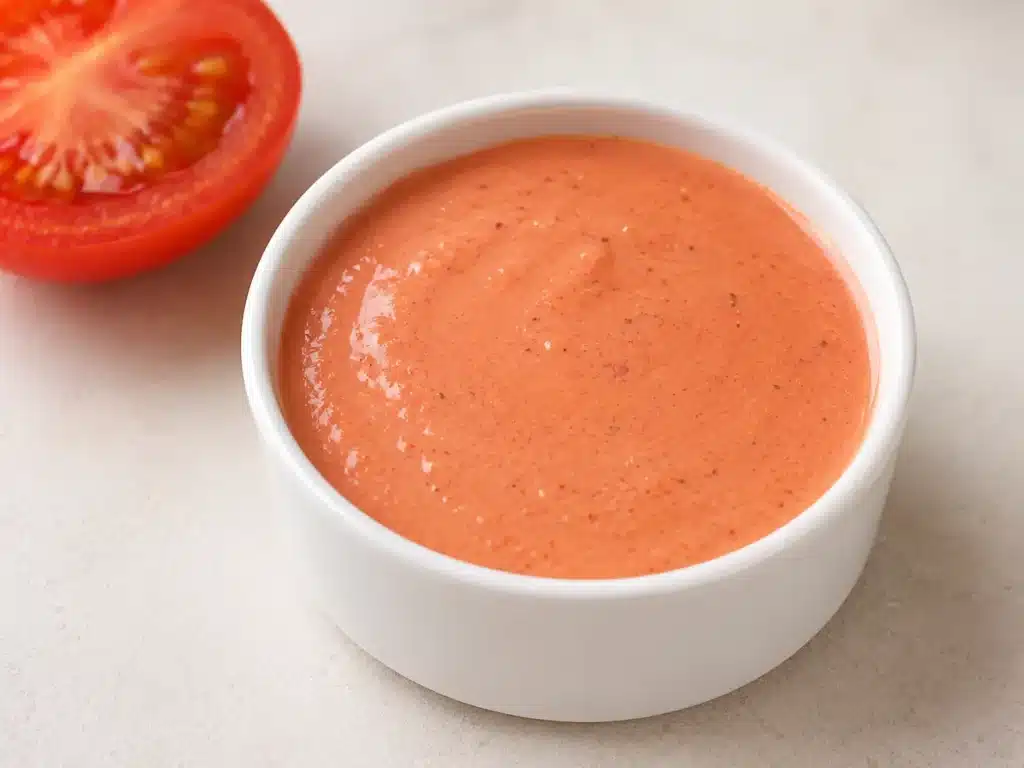 Vinaigrette à l’eau de tomate rosée présentée dans un petit ramequin blanc avec une tomate fraîche.
