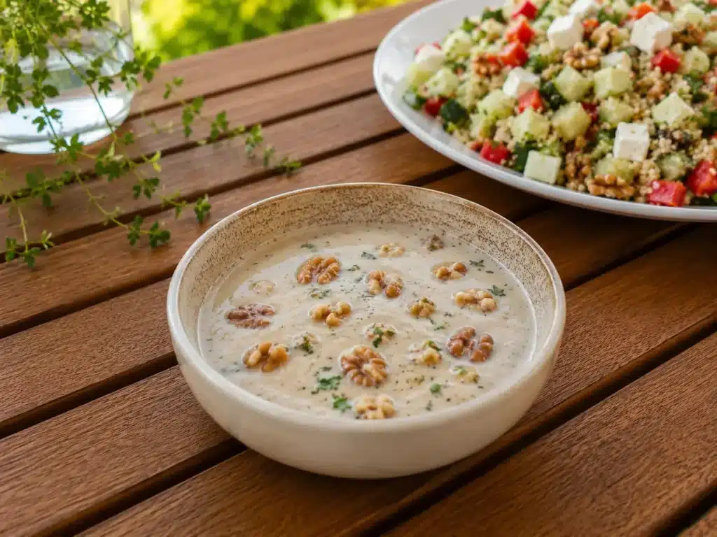 Vinaigrette au Saint-Agur aux cerneaux de noix, servie avec une salade de quinoa croquante au concombre, poivrons et pomme.