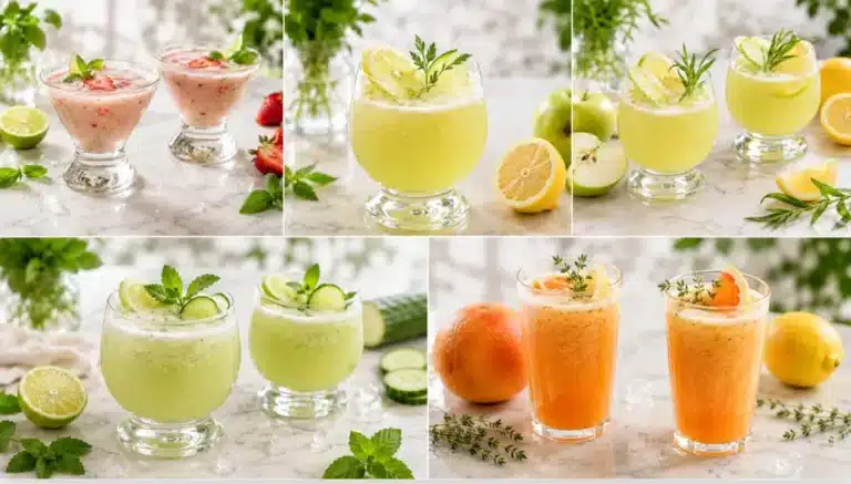 Collage de cinq boissons fraîches et fruitées de l'été aux fraises, aux agrumes, aux pommes, au concombre et aux herbes aromatiques.