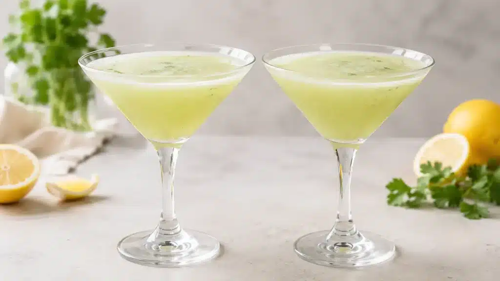 Boisson fraîche et fruitée au persil et au citron jaune, servie bien froide dans deux coupes.