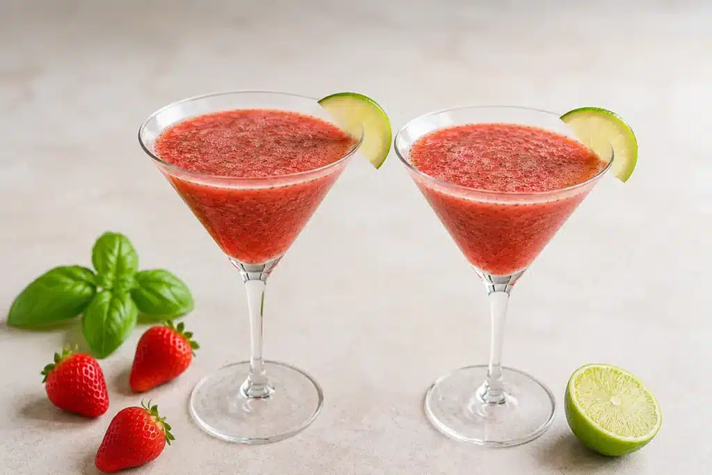 Boissons fraîches et fruitées aux fraises, au basilic et au citron vert servies dans deux coupes.
