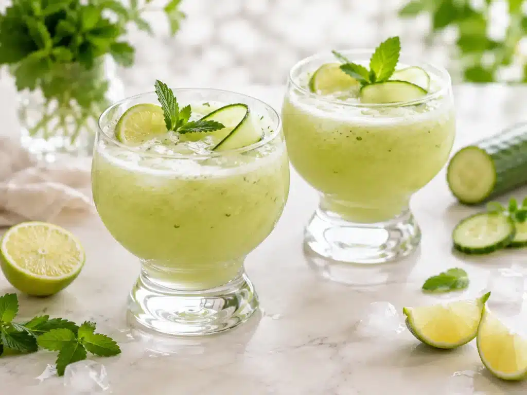 Boissons fraîches et fruitées au concombre, à la menthe et au citron vert servies dans deux grands verres.
