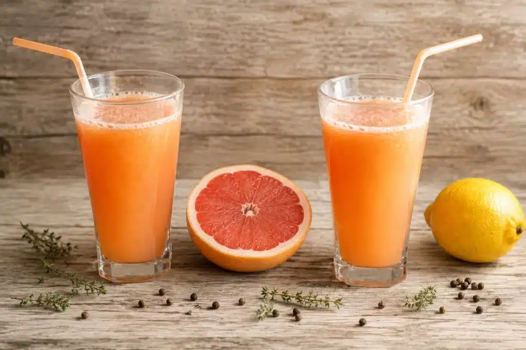 Boissons fraîches et fruitées au pamplemousse rose, au thym frais et au citron jaune servies dans deux grands verres.