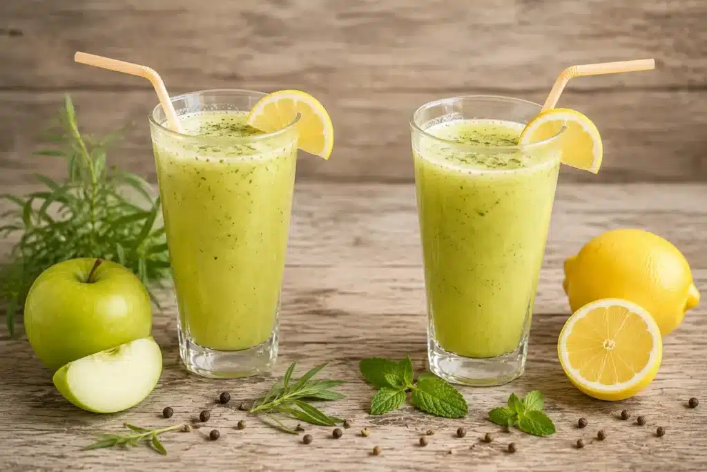 Boissons fraîches et fruitées à la pomme verte, à l’estragon et au citron jaune servies dans deux grands verres.