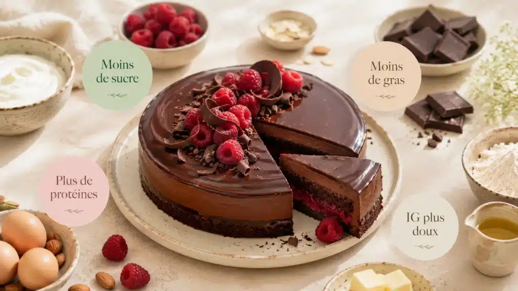 Rééquilibrer ma recette : gâteau gourmand au chocolat et aux framboises, avec une part découpée révélant sa texture fondante, entouré d’ingrédients et de bulles « moins de sucre », « moins de gras », « plus de protéines » et « IG plus doux ».