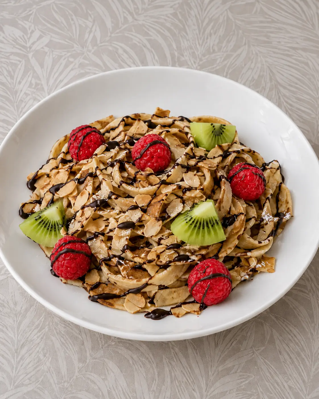 Spaghetti de pancakes au chocolat à la farine d’orge mondée, servis avec amandes effilées, framboises et kiwi