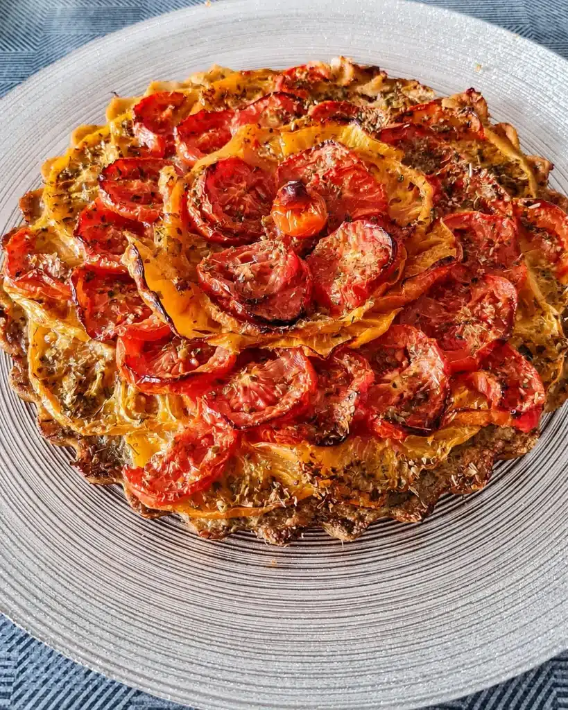 Tarte aux tomates garnie de tomates grenat, rouges et jaunes disposées en rosace avant cuisson.