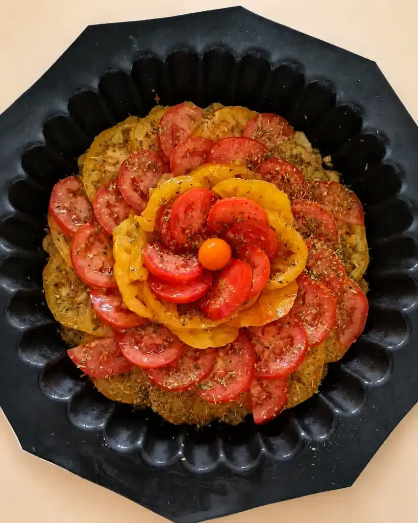 Tarte aux tomates soleil en rosace avant cuisson, garnie de tomates grenat, rouges et jaunes disposées dans un moule Demarle noir.