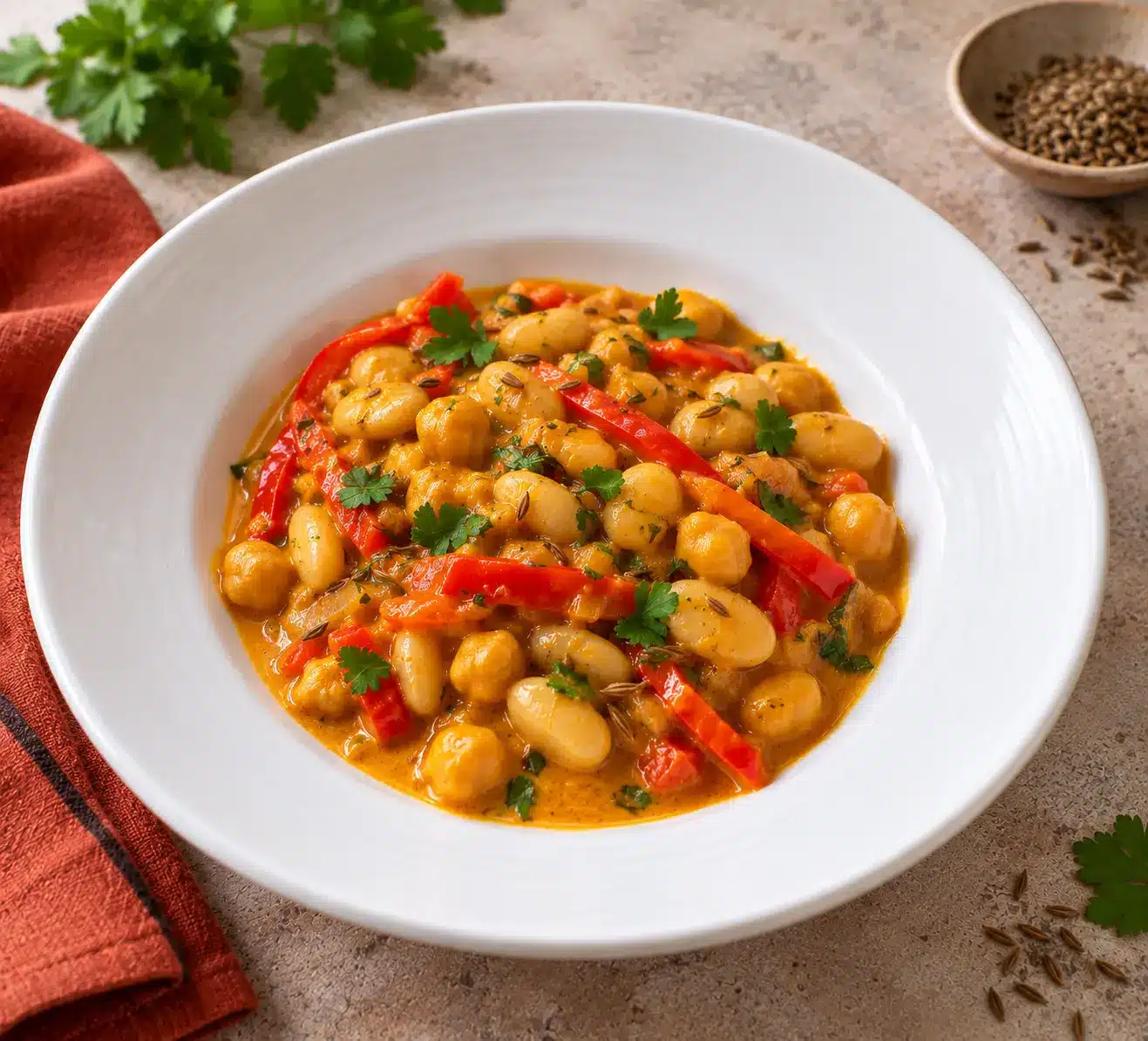 Curry de pois chiches et haricots coco de Paimpol à la pilpelchuma, lait de coco et fines lamelles de poivron rouge.