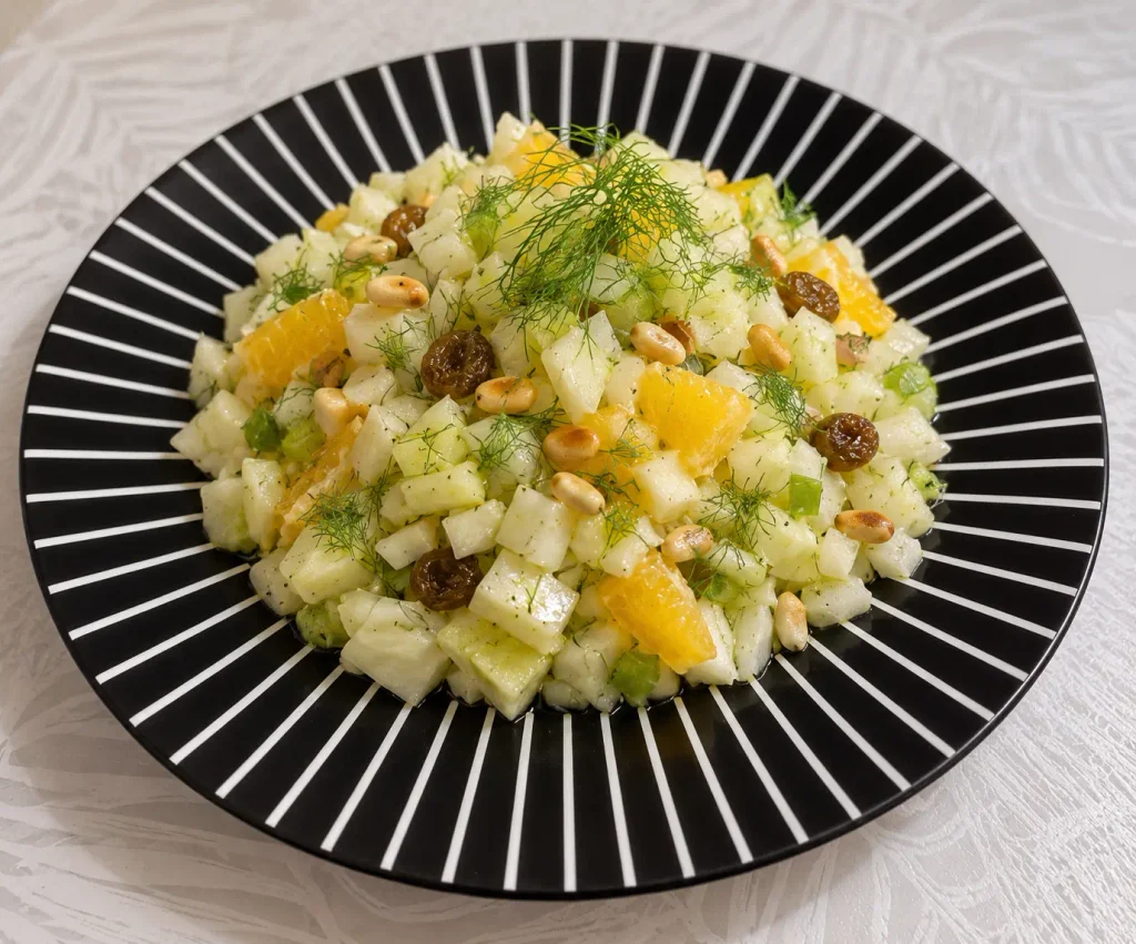 Salade de fenouil croquant, orange et amandes avec raisins secs et fanes de fenouil