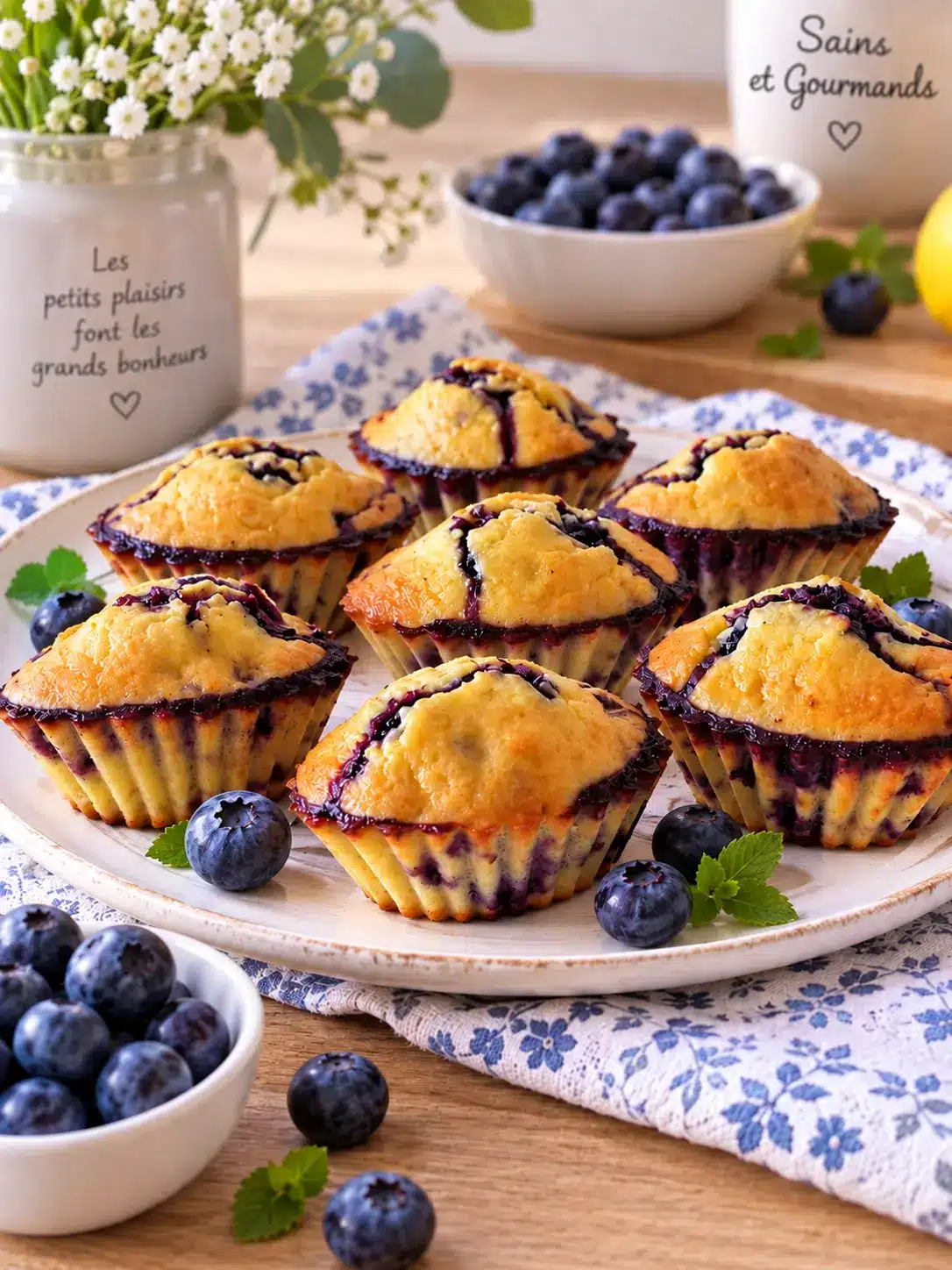 Moelleux aux myrtilles et amandes dorés, garnis de myrtilles juteuses et présentés sur une grande assiette avec quelques fruits frais